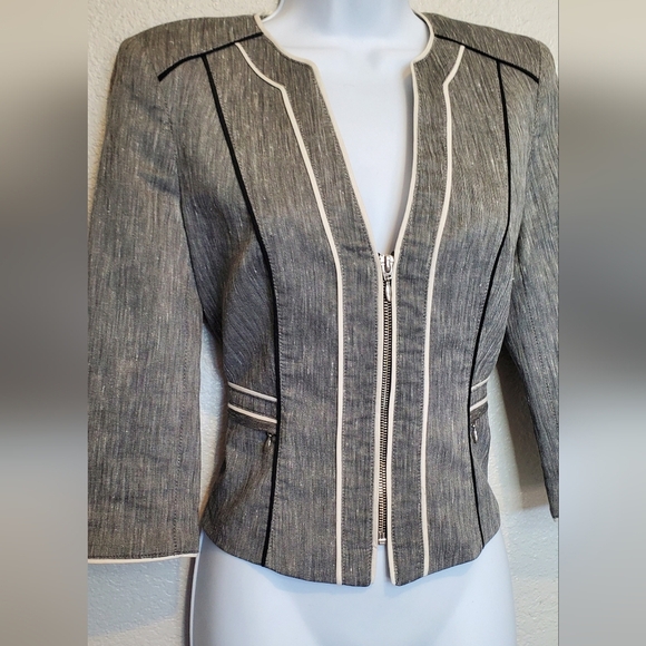 WHBM Linen Blend Gray White Black Structured Cropped Fitted Blazer Jacket Size 4 - Picture 4 of 11